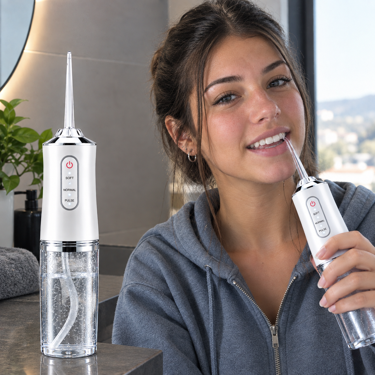 Mujer usando el irrigador bucal portátil blanco Rutina 60
