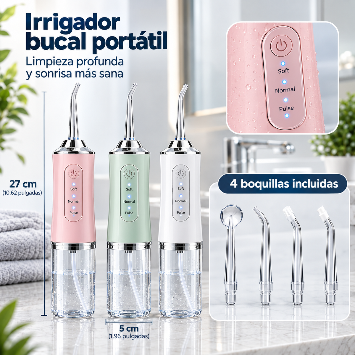 Irrigador bucal portátil Rutina 60 en sus tres colores: blanco, rosa y verde