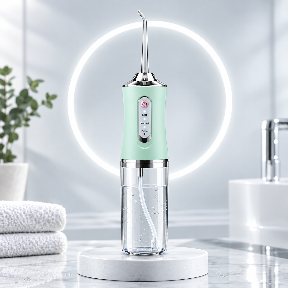 Irrigador bucal portátil color verde sobre la encimera del baño